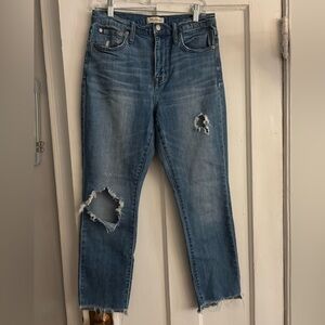 MADEWELL The High Rise Slim Boy Blue Jeans Womens Sz 27 Raw Distress Hem Stretch